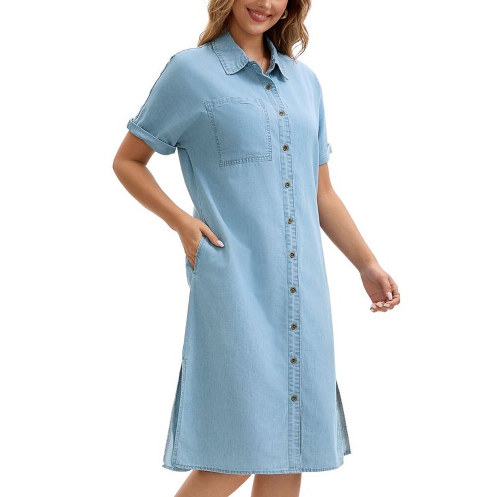 Summer Short Sleeve Button Down Casual Midi Tunic Jean Shirt Dress Light Blue